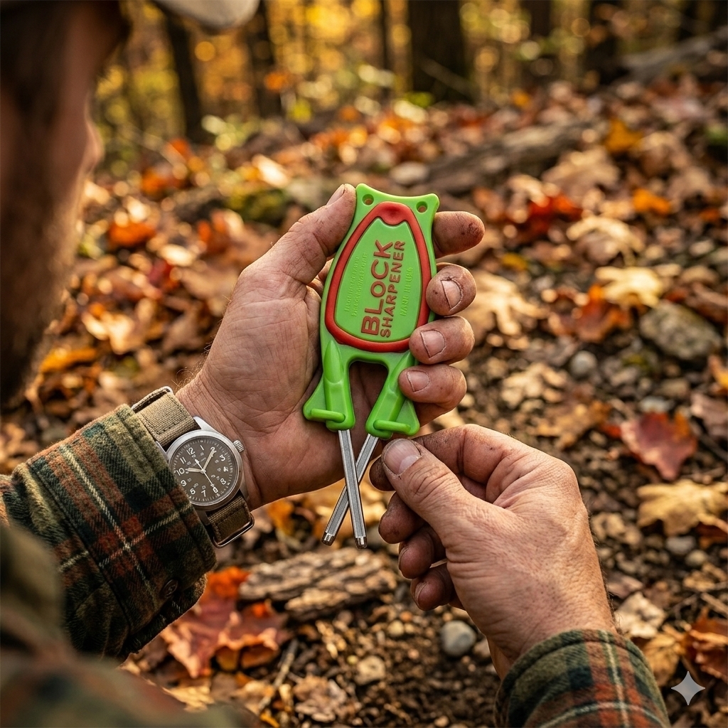 A person holding the green and red Block Sharpener in the woods during autumn, demonstrating its portable use as an outdoor survival gear knife sharpener.