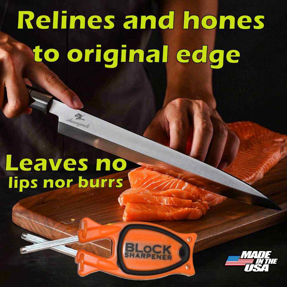 A fillet knife slicing fish alongside an orange block sharpener with a black grip.