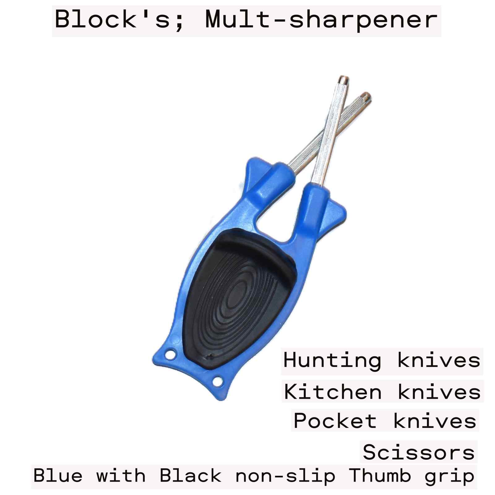 Block’s Multi‑Sharpener product label with blue and black grip