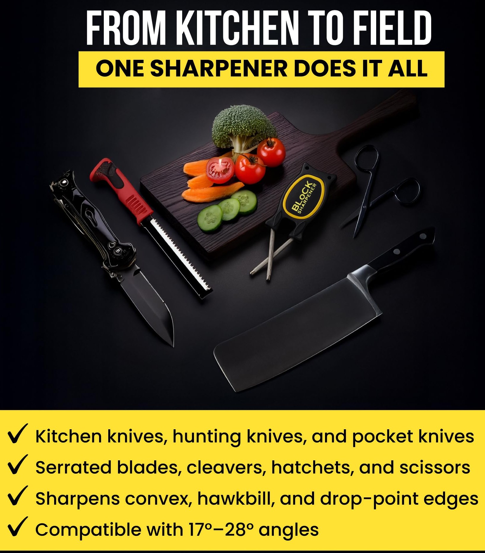 Block Sharpener versatility graphic showing knives and tools