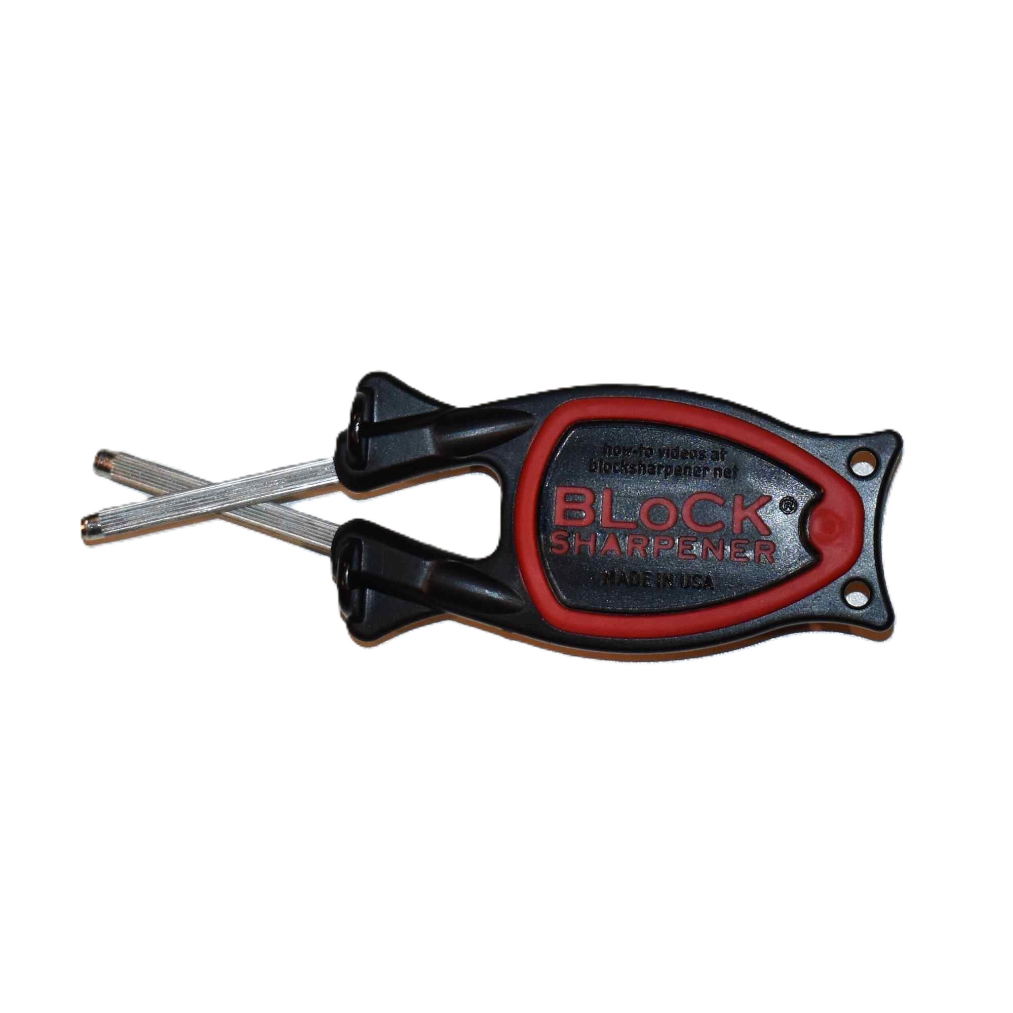 Bottom view of the black Block Knife Sharpener showing the non-slip red grip base