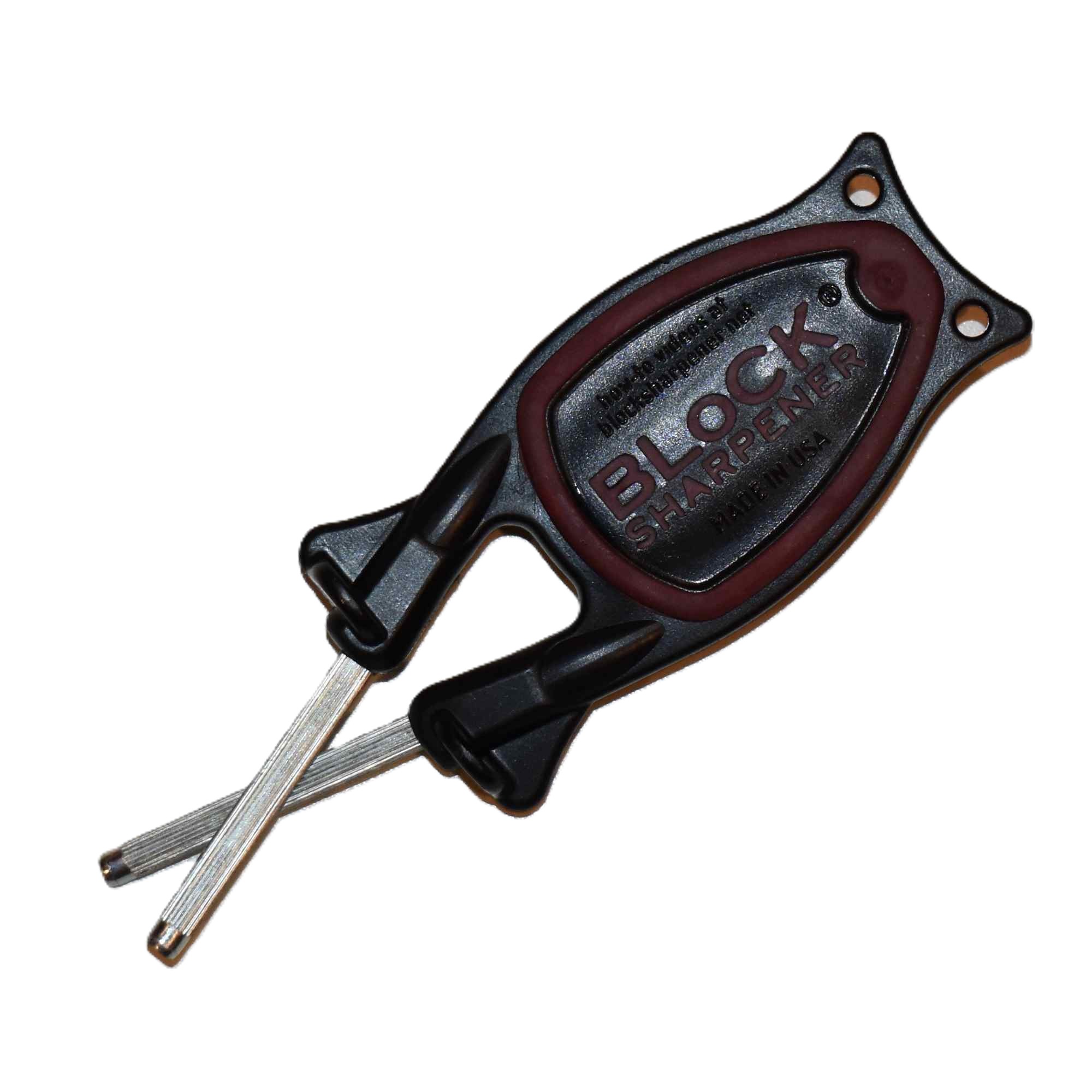 Bottom view of the original all-black Block knife sharpener showing the patented flexible split-frame construction and American-made engineering details.
