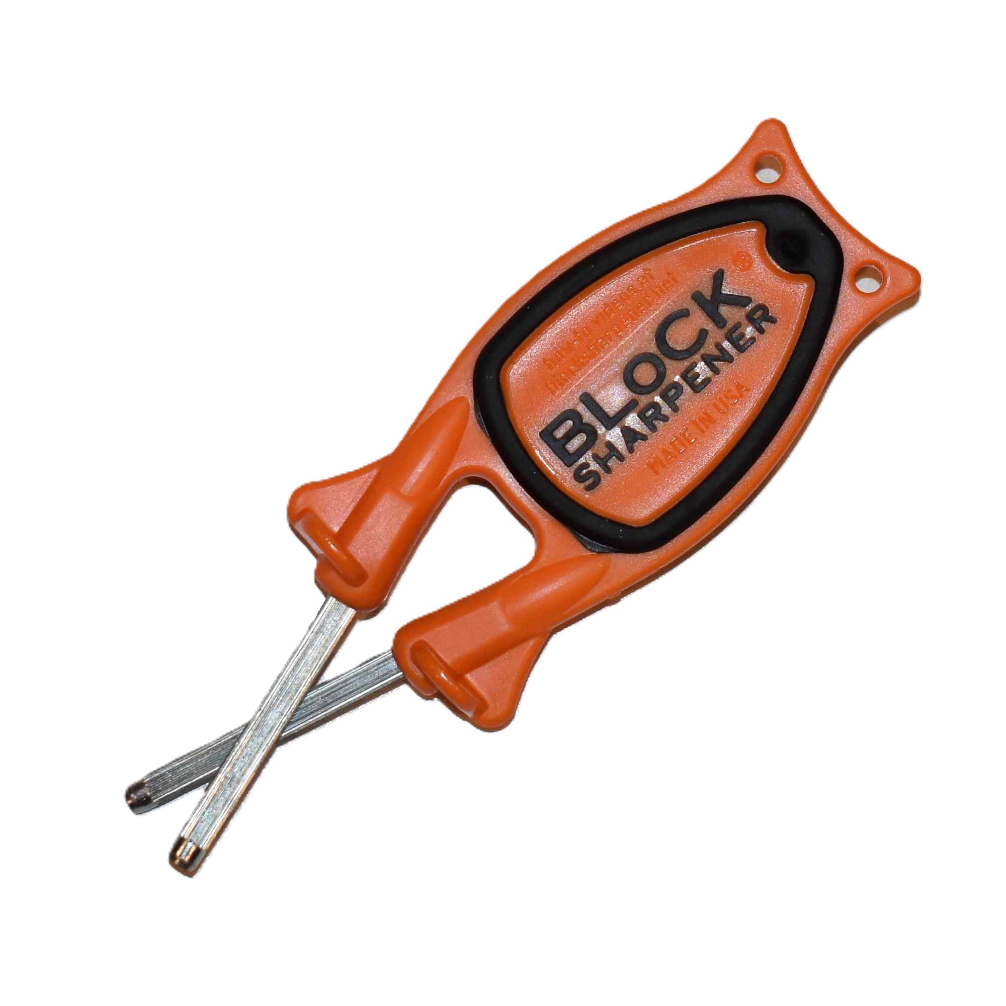 Bottom view of the orange Block hunting knife sharpener showing the black non-slip safety grip ring