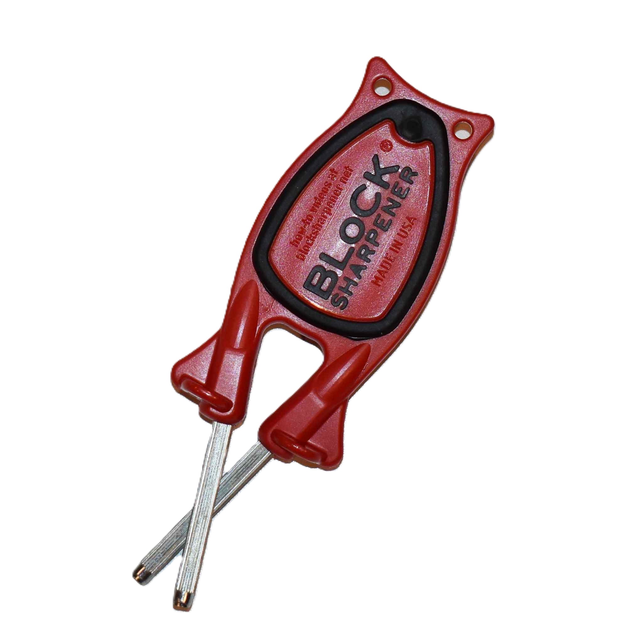 Bottom view of the red and black Block pocketknife sharpener showing the dual-sided non-slip handle grip