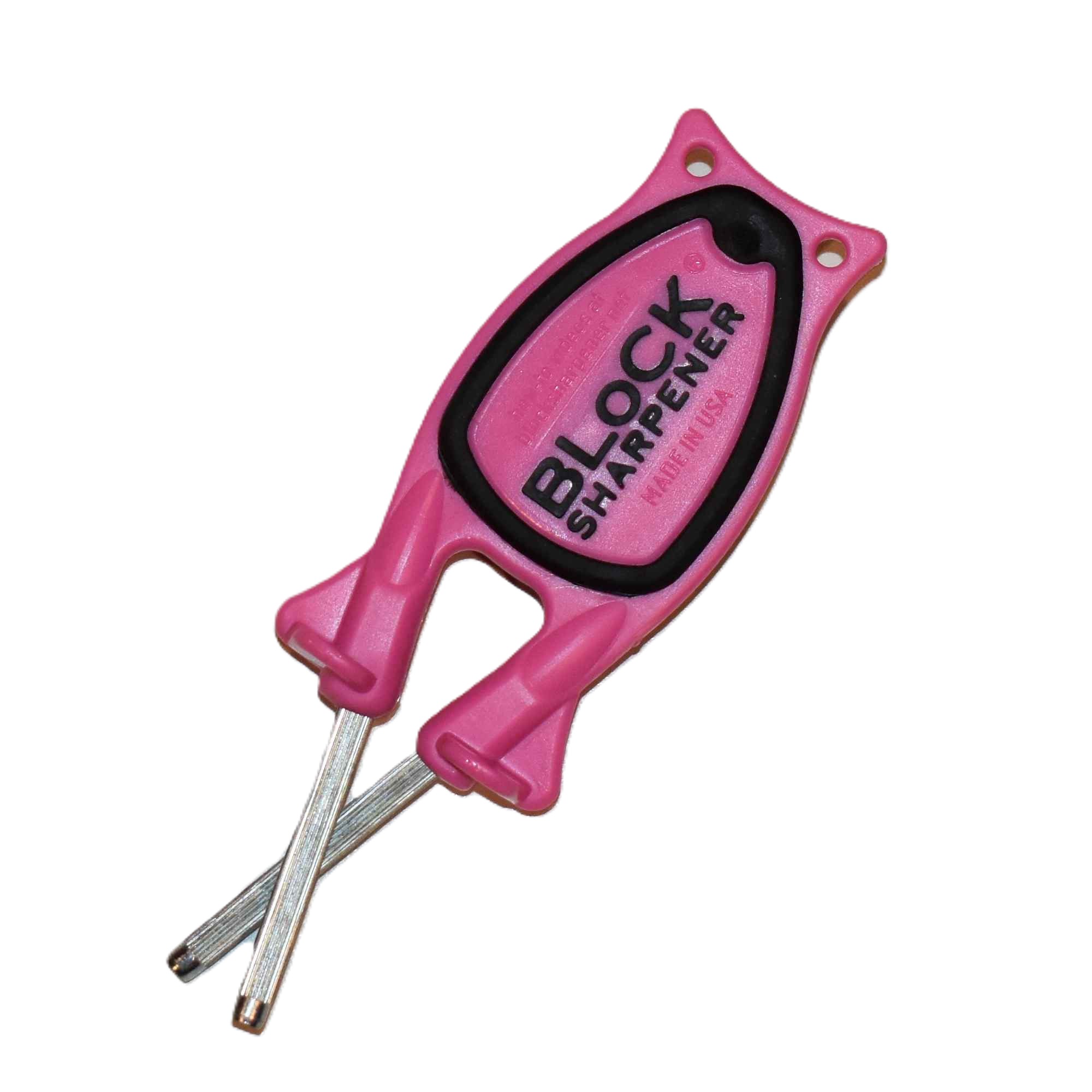 Bottom view of the pink Block knife sharpener showing the black non-slip grip base ring