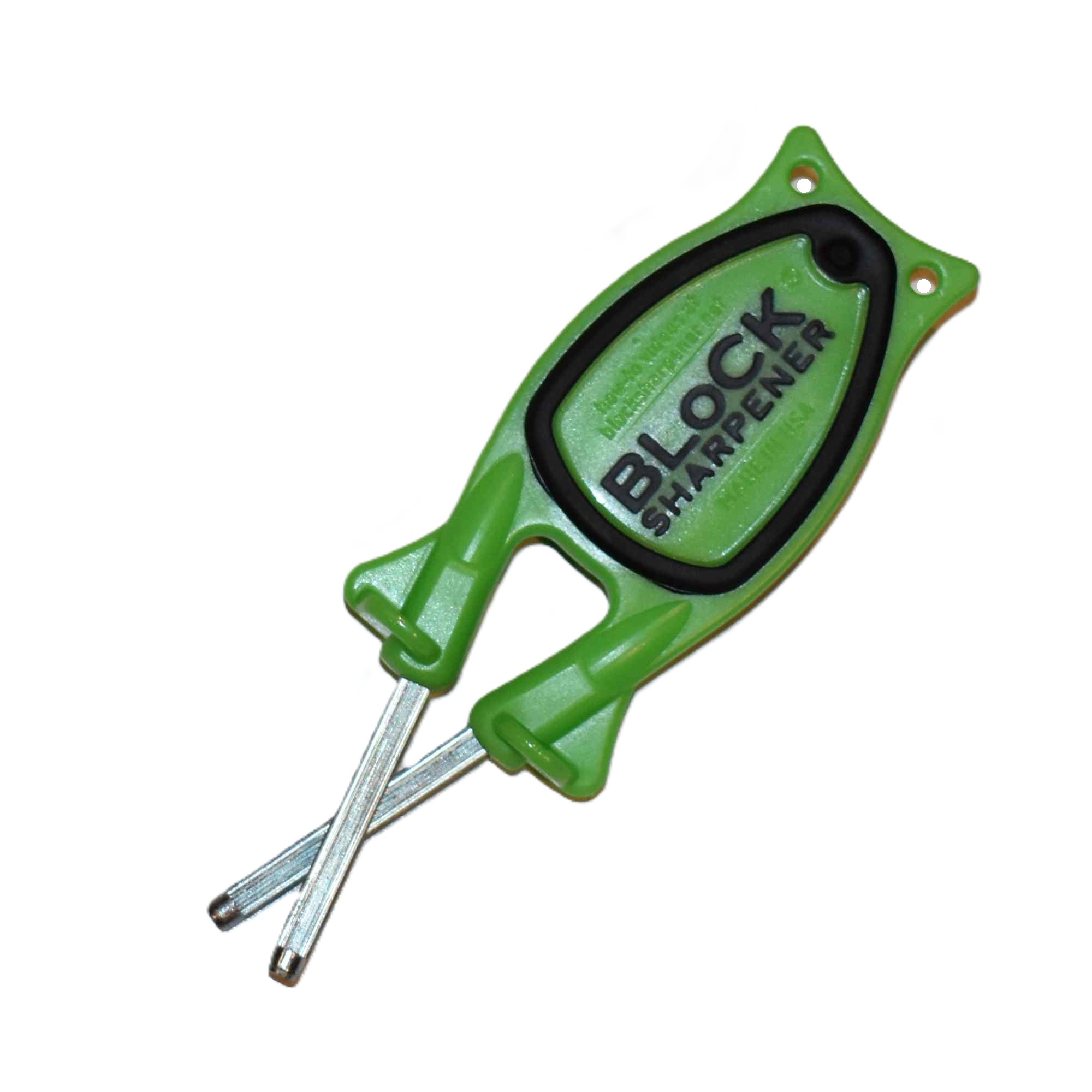 Bottom side view of the green Block manual knife sharpener handle showing the black non-slip rubber traction grip.