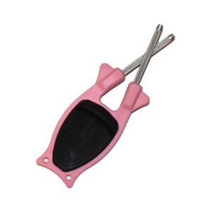 Patented pink Block Knife Sharpener with a non-slip black rubber grip and signature flexible D2 steel honing rods viewed from the top side.