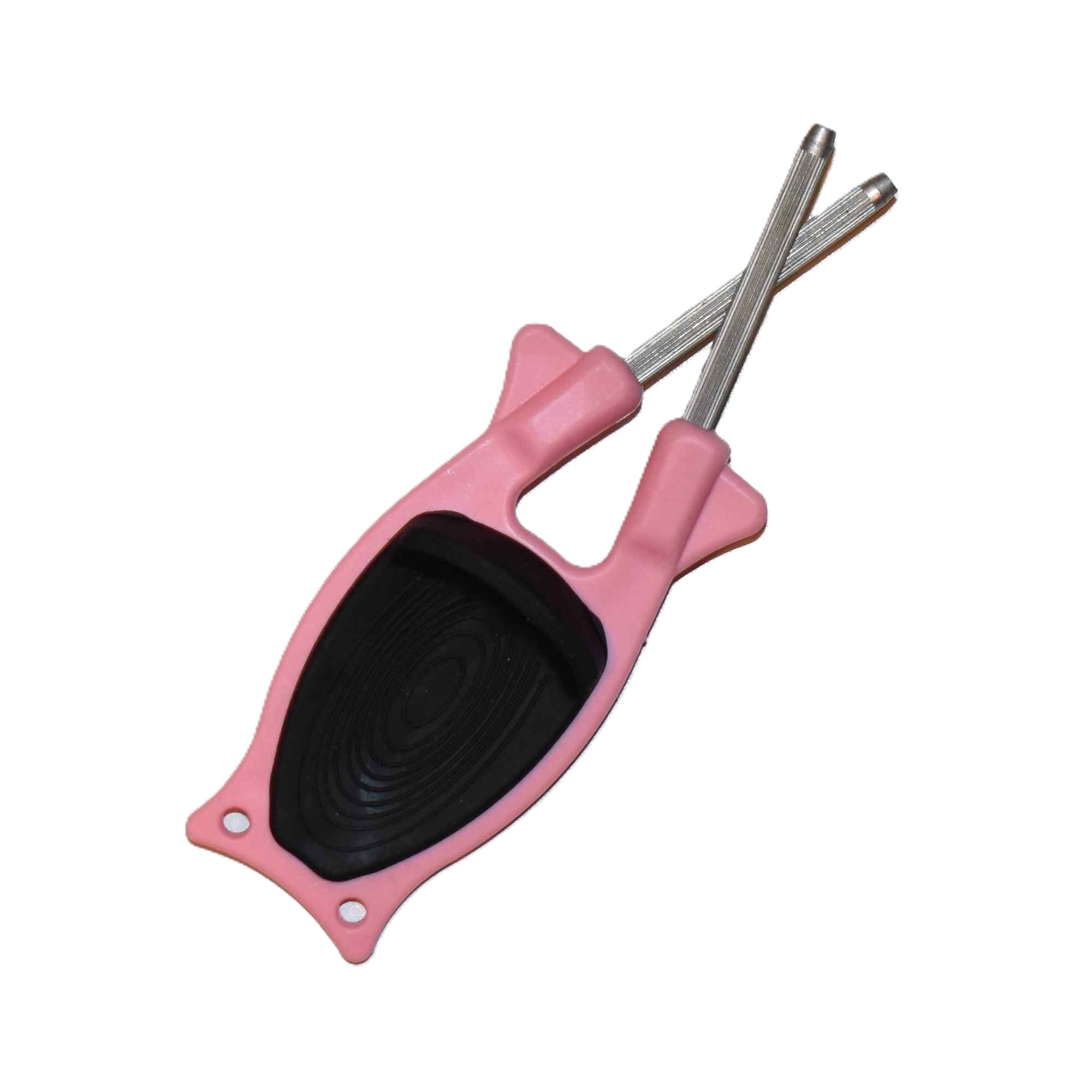 Patented pink Block Knife Sharpener with a non-slip black rubber grip and signature flexible D2 steel honing rods viewed from the top side.