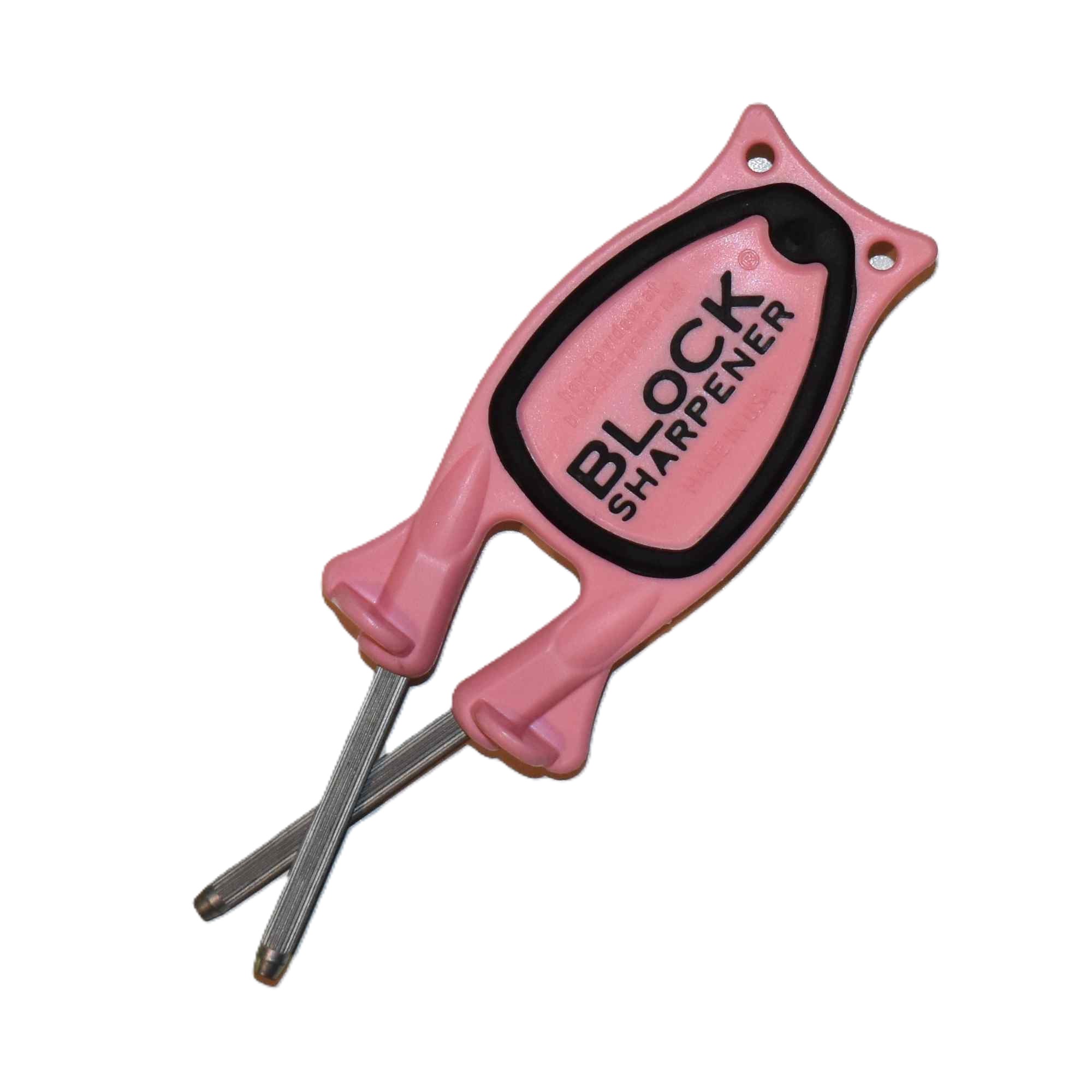 • Bottom side of the pink Block Knife Sharpener showing the non-slip black rubber traction grip overshot on a high-strength handle frame.