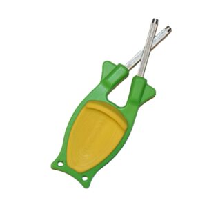 USA-made green and yellow Block Knife Sharpener with flexible steel honing rods for pocketknives and hunting knives.