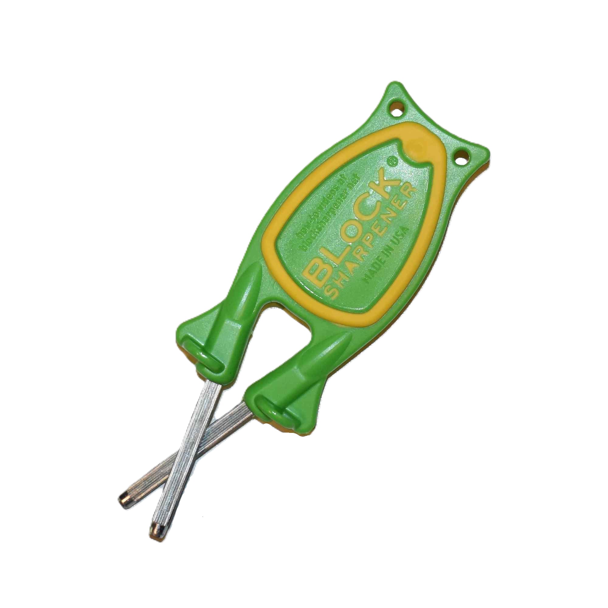 Bottom traction side of the manual green and yellow Block Knife Sharpener handle.