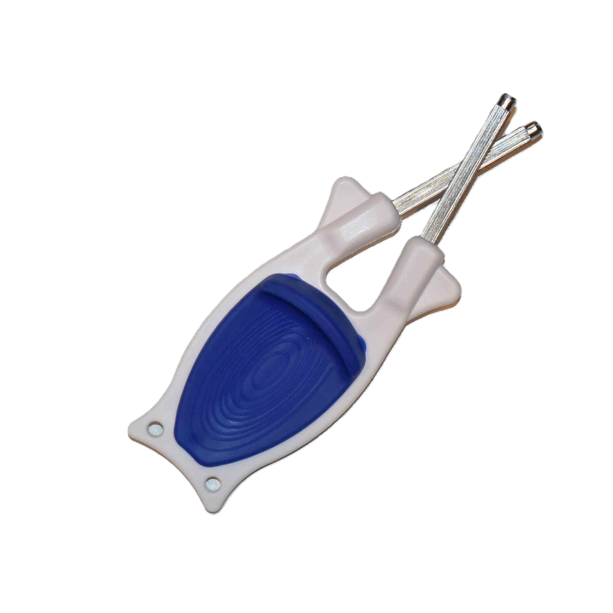 USA-made white and blue manual Block Knife Sharpener with flexible steel rods for professional chef knives and scissors.