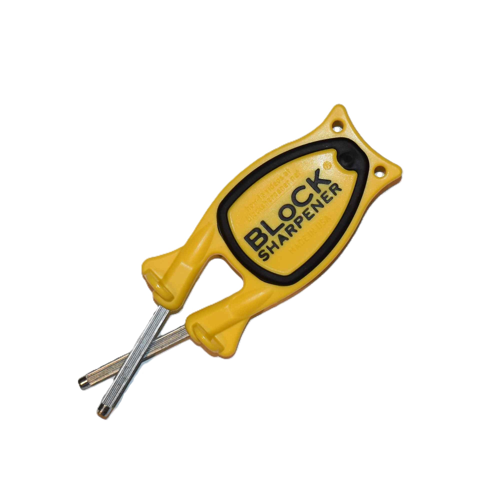 Bottom traction surface of the yellow Block manual knife sharpener handle showing the black non-slip rubber grip base.