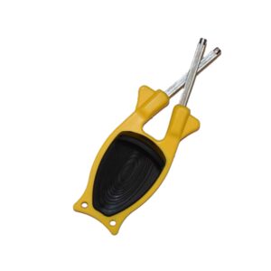 USA-made yellow and black manual Block Knife Sharpener with flexible steel rods for pocketknives and professional kitchen cutlery.