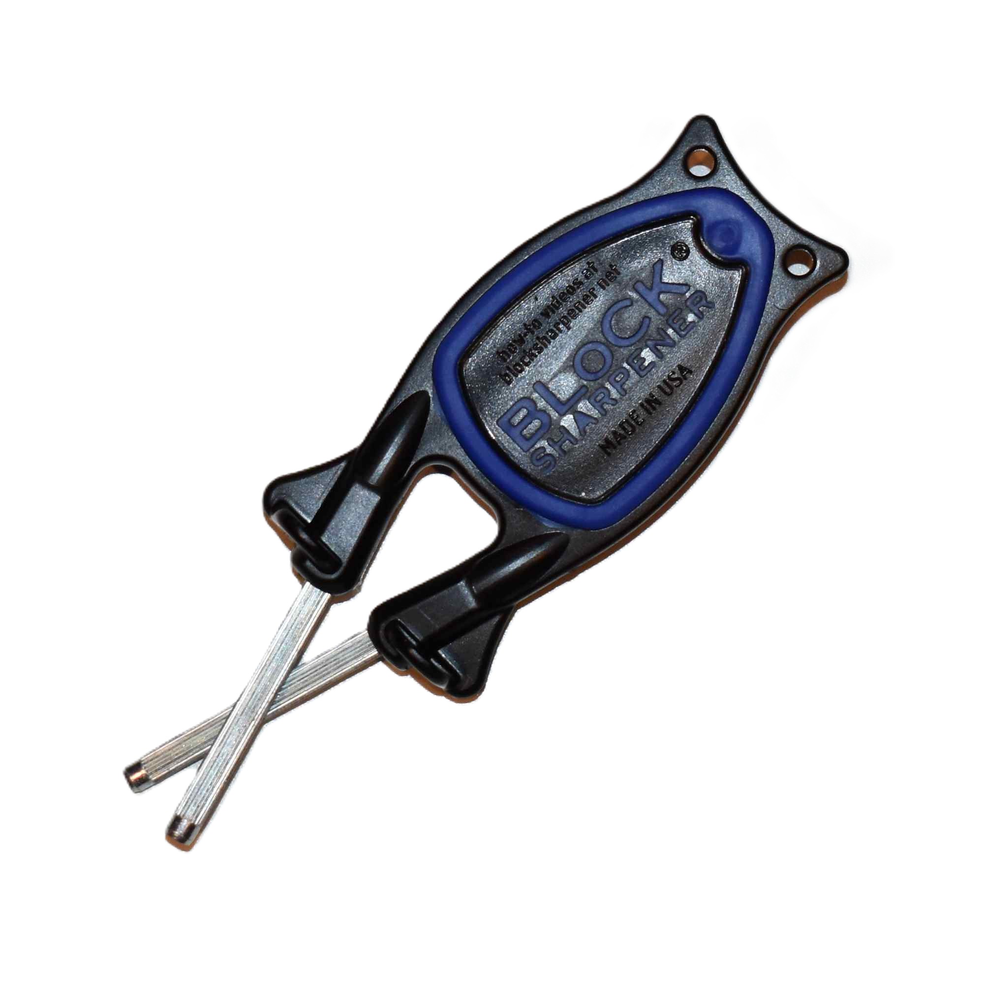 Bottom traction surface of the black Block Pro Kitchen Knife Sharpener handle with blue non-slip rubber grip.