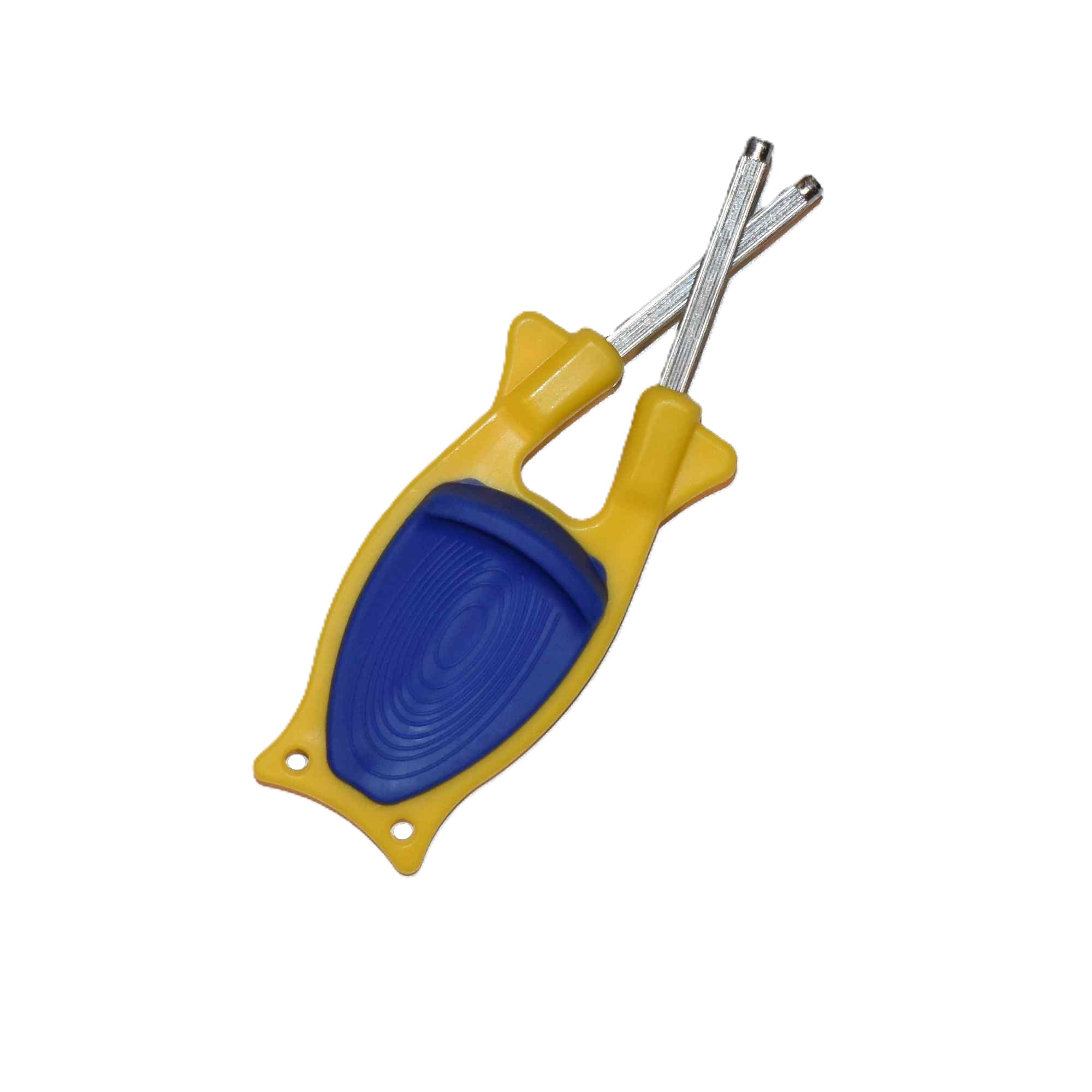 USA-made yellow and blue manual Block Knife Sharpener with flexible steel rods for professional kitchen cutlery and pocket knives.