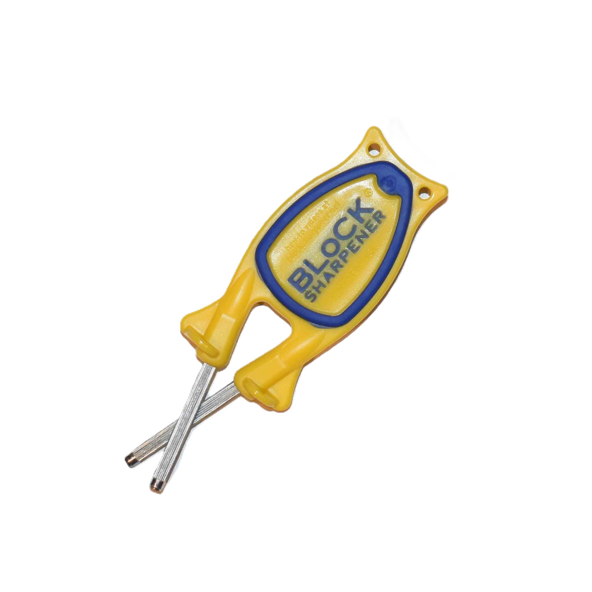 Bottom traction surface of the yellow Block manual knife sharpener handle showing the blue non-slip rubber grip base.