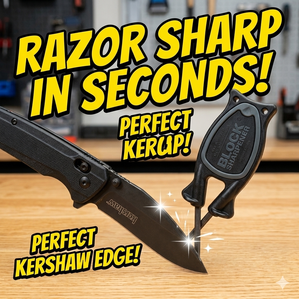 Original Block Knife Sharpener being used to sharpen a black Kershaw pocketknife on a wooden table.