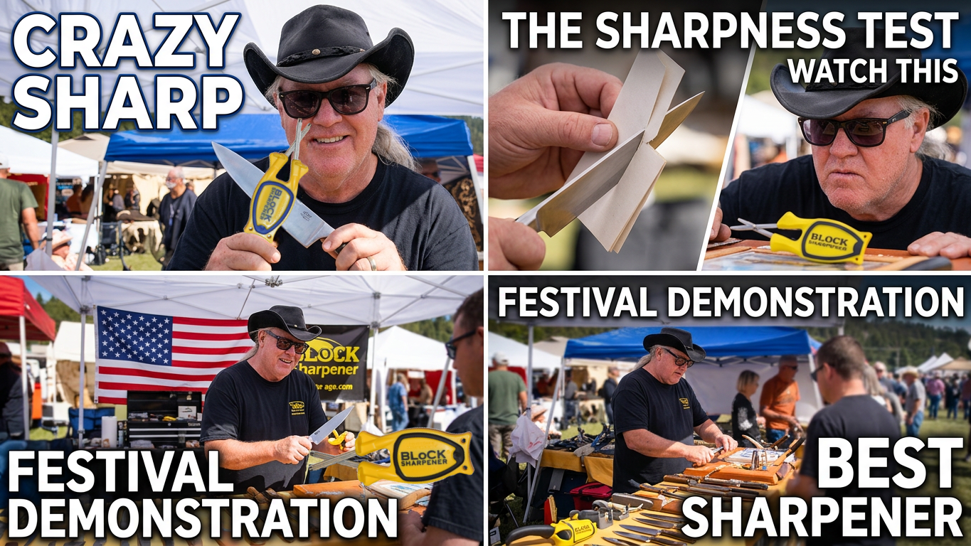 Four-panel graphic grid showing a live festival demonstration of the Block Knife Sharpener including a paper slicing sharpness test, a display table with multiple blades, and large text overlays reading Crazy Sharp, The Sharpness Test, Festival Demonstration, and Best Sharpener.