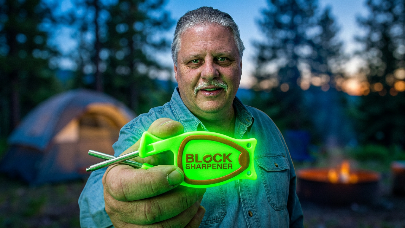 Man holding a glow in the dark Block sharpener