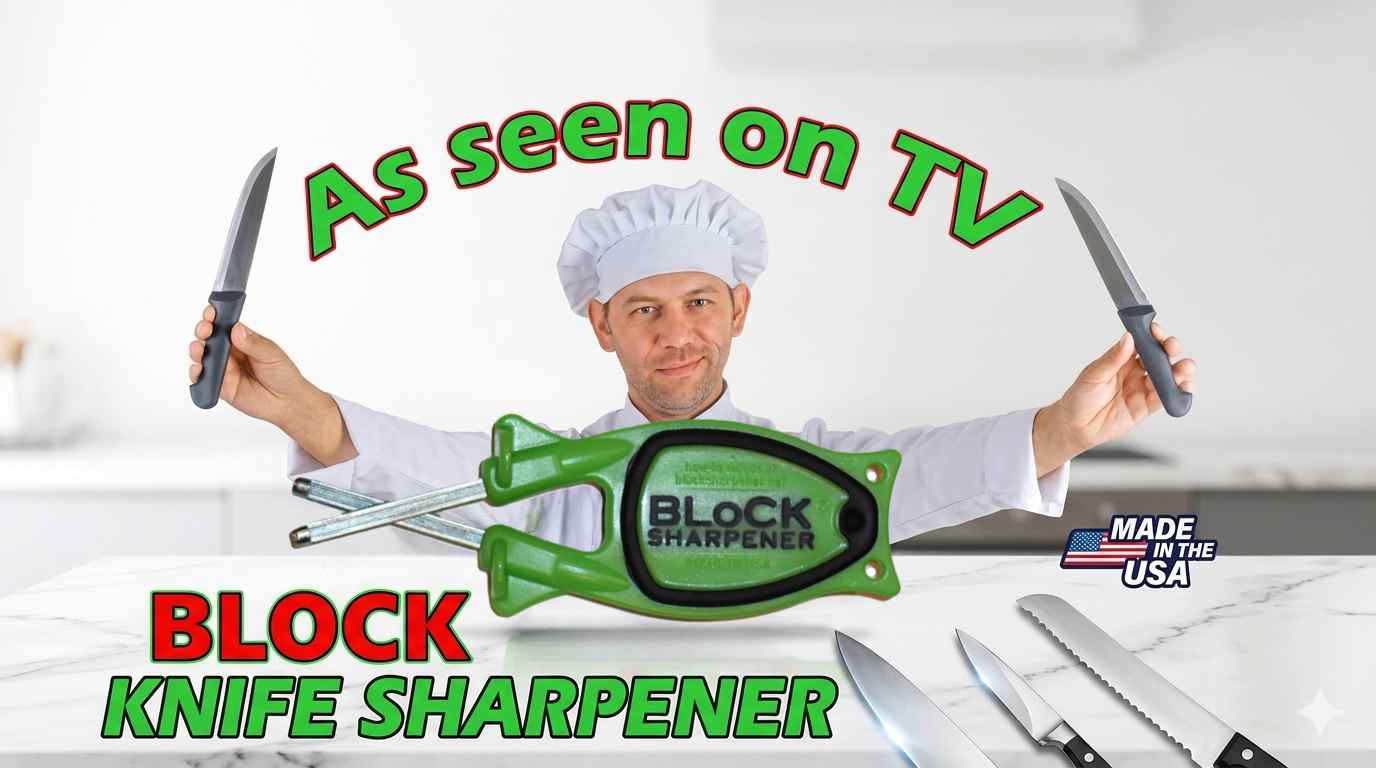 As Seen on TV graphic for the patented green Block Knife Sharpener with a non-slip black grip, showcasing a professional chef holding kitchen cutlery and a Made in USA badge on a white marble countertop.