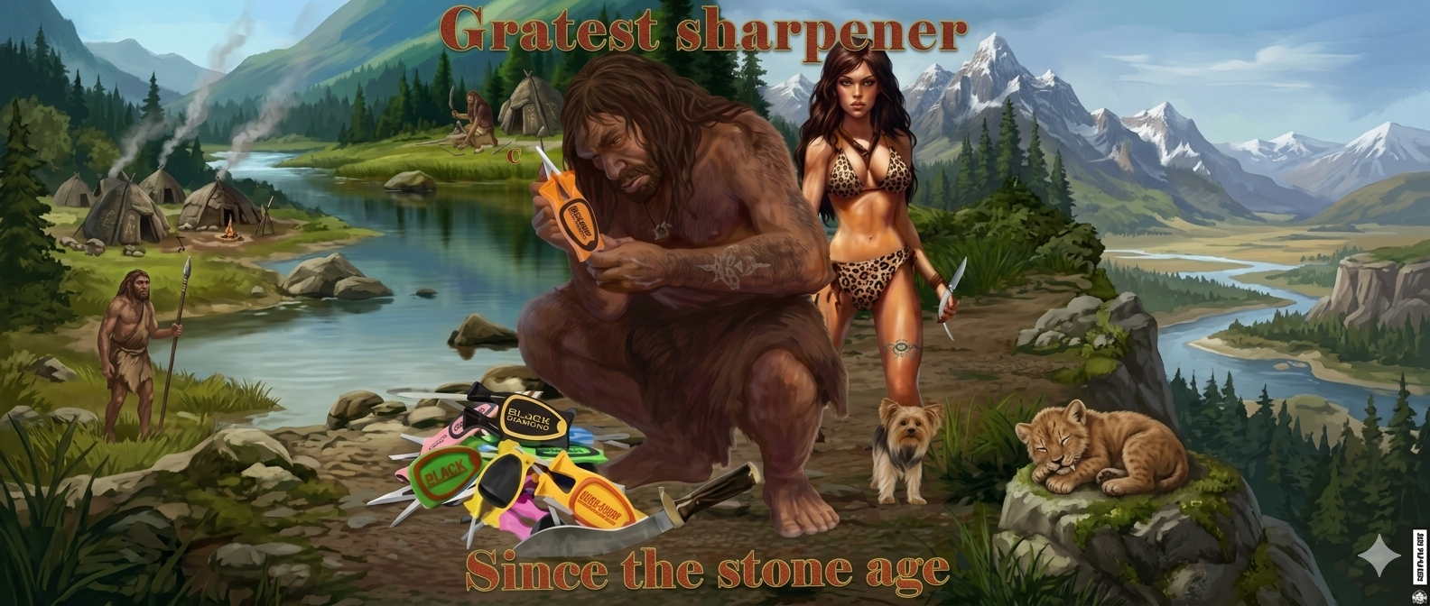 Cave man looking at Bock's manual knife sharpener with women Walken up from behind with a knife in hand to det sharpen.