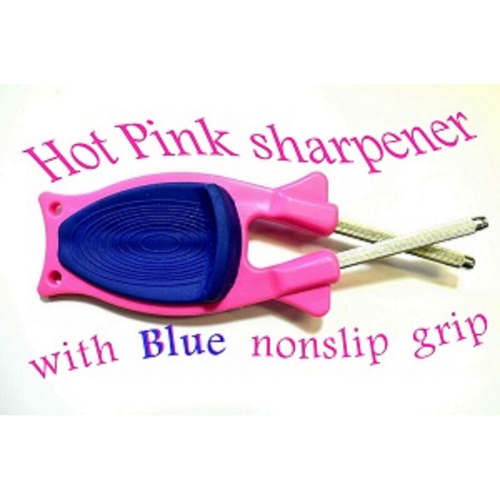 Hot Pink Knife Sharpener for sale with Blue nonslip thumb Grip
