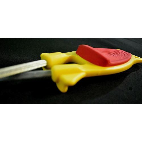 Yellow knife sharpener with Red Non-Slip thumb grip