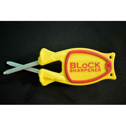 Yellow knife sharpener with Red Non-Slip thumb grip