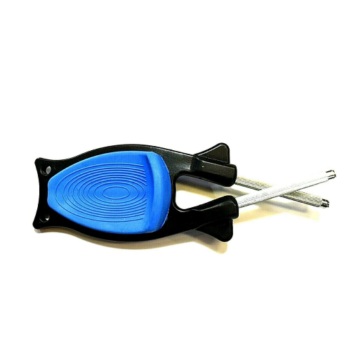 Black knife sharpener with Blue non slip thumb grip