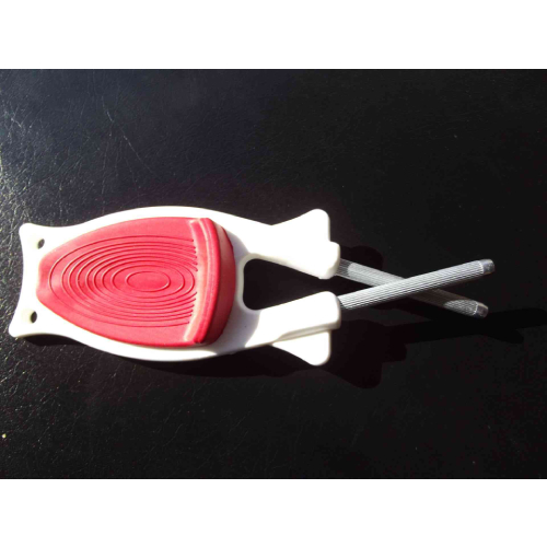 White Knife sharpener for sale with Red non slip thumb grip