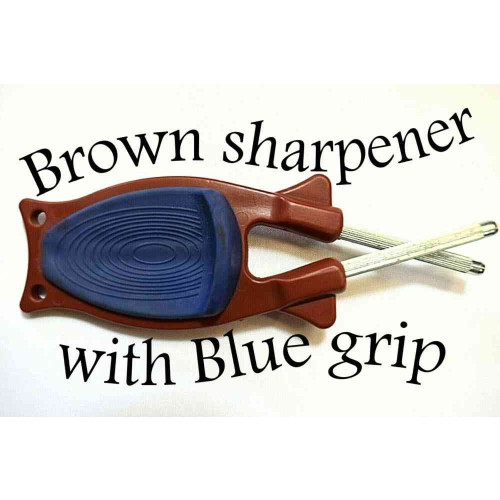 Brown Knife sharpener with blue non-slip thumb grip
