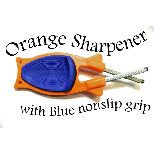 Orange Hunting knife sharpener with blue Nonslip thumb grip