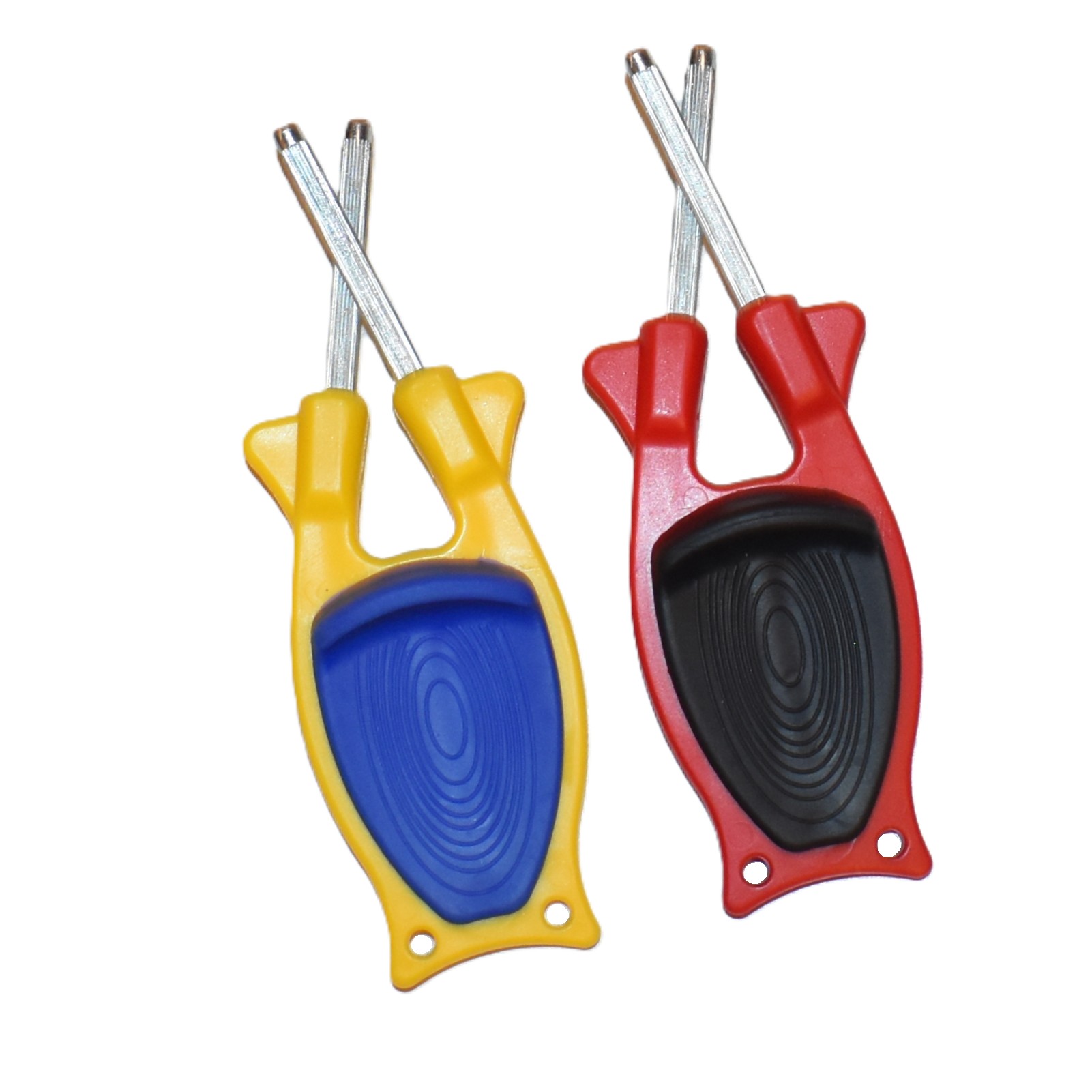 2-pack Block knife sharpeners in yellow with blue grip and red with black grip. Manual sharpener gift set for sale for chefs and outdoorsmen.