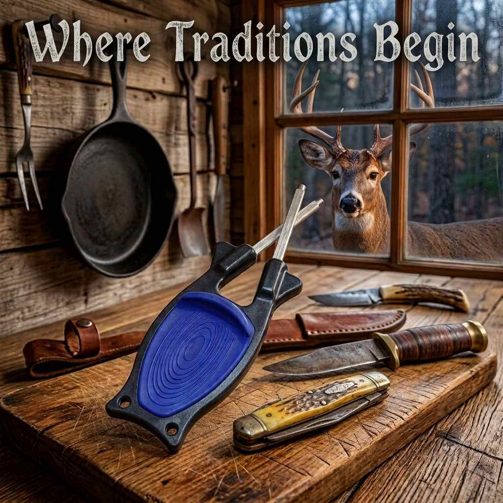 Rustic hunting camp kitchen display featuring a black and blue Block Knife Sharpener on a weathered oak cutting board surrounded by classic stag horn and leather-handled hunting knives, with a deer looking in through the cabin window and text reading Where Traditions Begin.