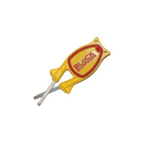 Patented Yellow and Red Block handheld knife sharpener on a clean white background.