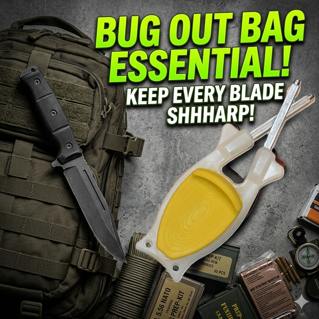 Bug out bag essential with a Glow in dark outdoorsmen knife sharpener.