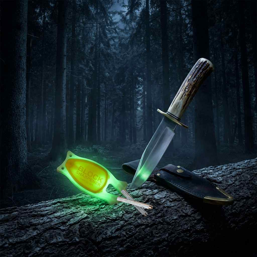 Glow-in-the-dark camping knife sharpener featuring a yellow non-slip thumb grip, an essential addition to any bug-out bag.
