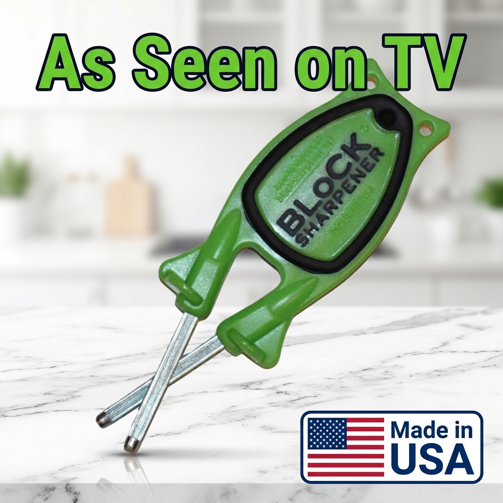 Square As Seen on TV promotional image of the patented green Block manual knife sharpener with a black non-slip grip on a white marble countertop with a Made in USA logo.