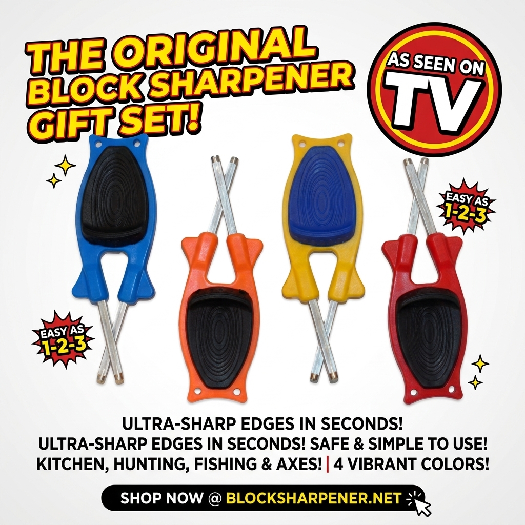 The Original Block Sharpener Gift Set promotional graphic featuring 4 handheld pocket knife sharpeners with an As Seen on TV logo.