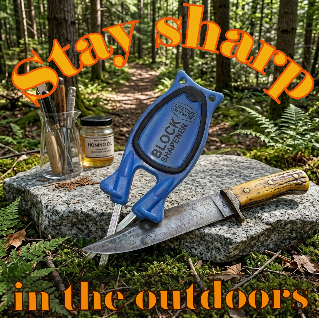 Portable pocketknife sharpener with a blue handle and black grip being used as a hunting knife sharpener tool outdoors