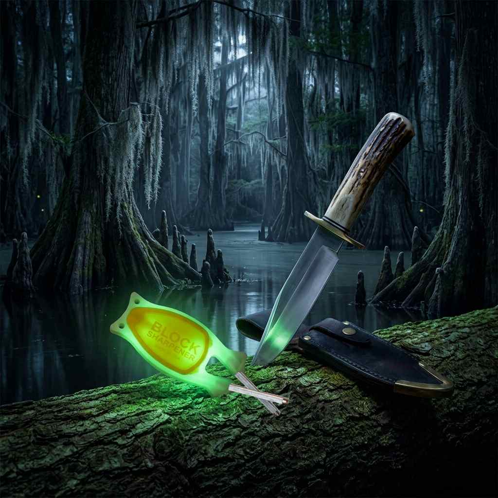 A glow-in-the-dark tactical Block knife sharpener with a yellow grip next to a stag bone-handle Bowie knife stuck into a mossy log in a dark Florida swamp setting.