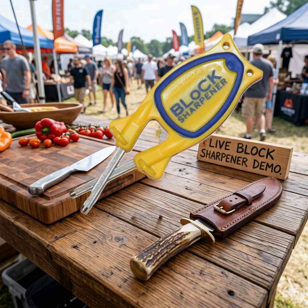Yellow and blue grip Block knife sharpener being used to hone a professional stainless steel kitchen chef knife on a wood cutting board.