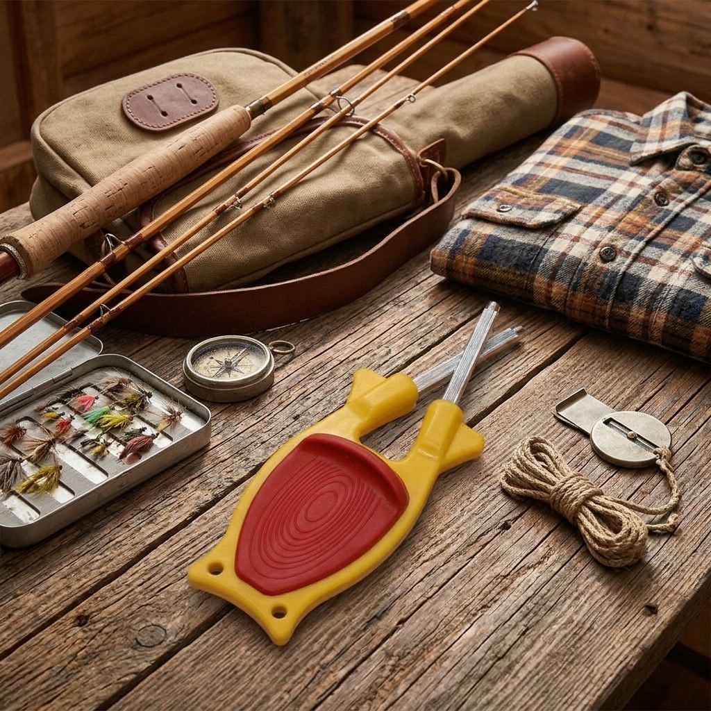 Yellow Block Sport Sharpener with Fishing and Sporting Goods Background Yellow Block Sport Sharpener with a red grip sitting on a rustic wooden cabin table surrounded by sporting goods, including a fly fishing rod, a tackle box of flies, a brass compass, and a flannel shirt.