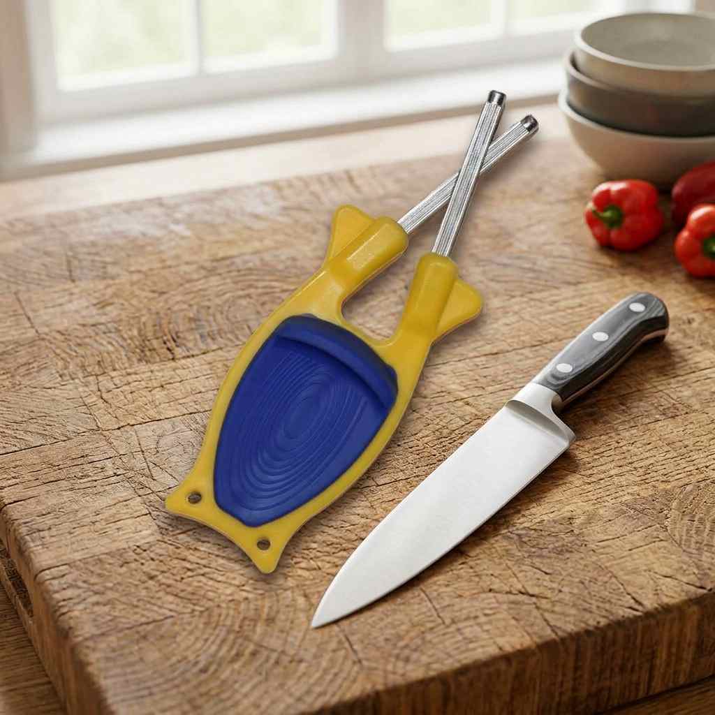 Yellow and blue grip Block knife sharpener being used to hone a professional stainless steel kitchen chef knife on a wood cutting board.