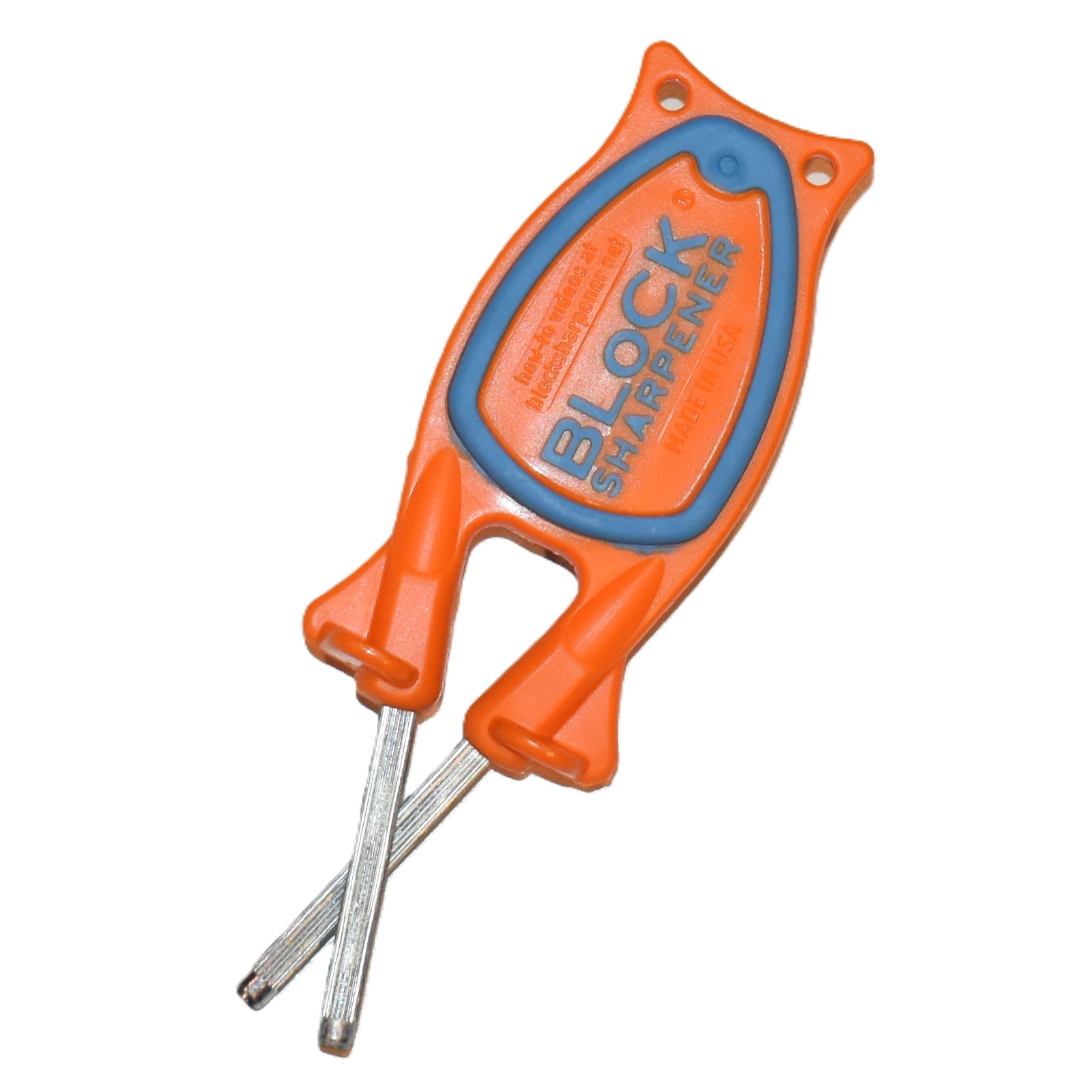 Patented Orange and Blue Block hunting knife sharpener for outdoor gear packs.