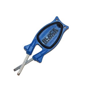 Blue Block Knife Sharpener sitting on a kitchen cutting board next to fresh vegetables - best professional chef steel