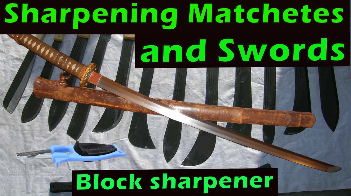 A collection of swords and machetes displayed together with a Block sword sharpener tool