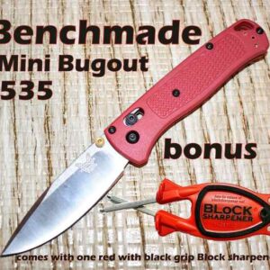 Red Benchmade Mini Bugout with a red Block sharpener