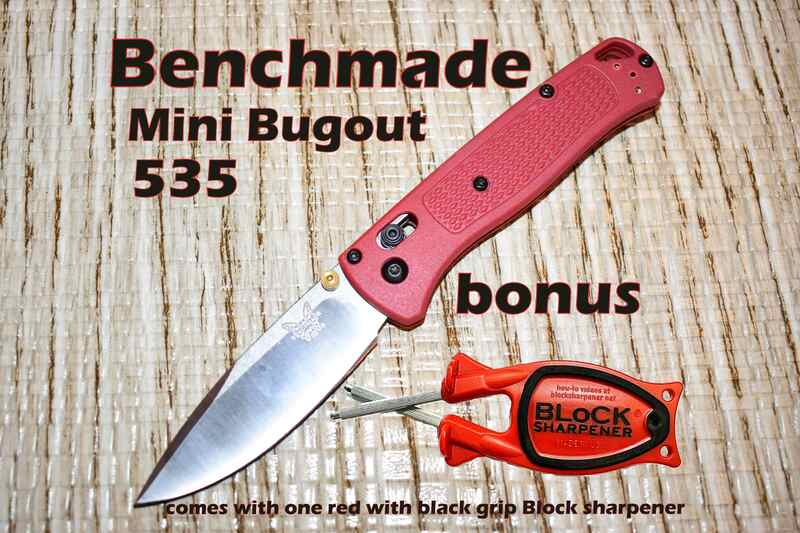 Red Benchmade Mini Bugout with a red Block sharpener